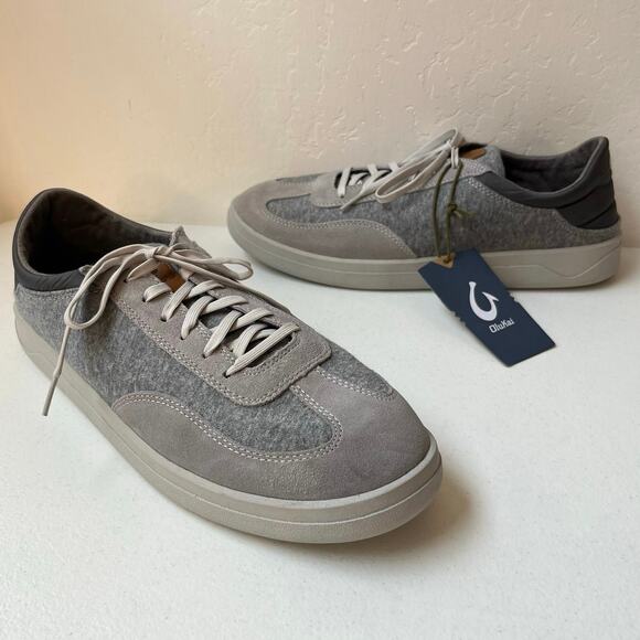 Olukai Puliki Sneakers Men's 12 Gray Suede Lace-Up Drop Heel Comfort NEW